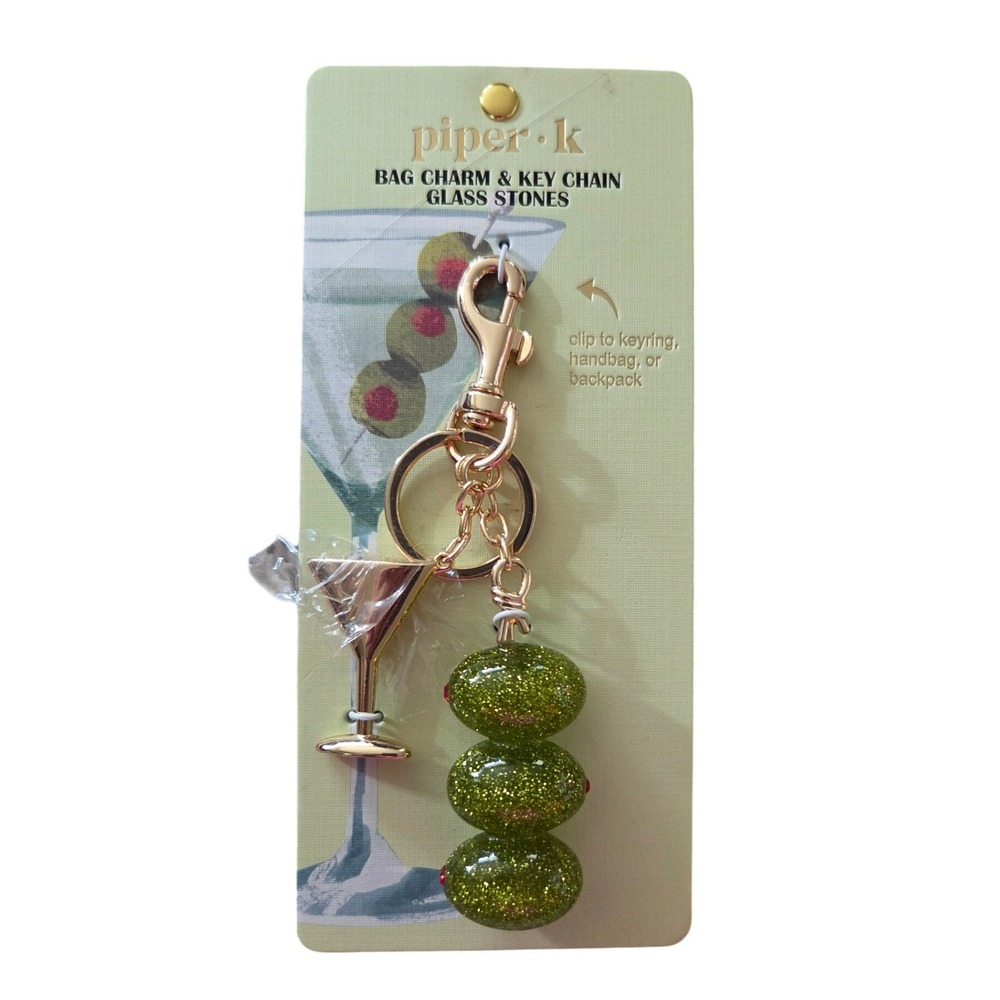 Piper K Bag Charm Keychain OS Green New Martini Glass Glitter Olives